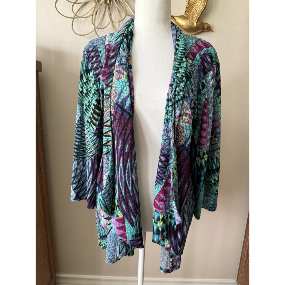 Peck & Peck Womens 1X Open Front Cardigan Jacket Geometric Boho 3/4 Sleeve